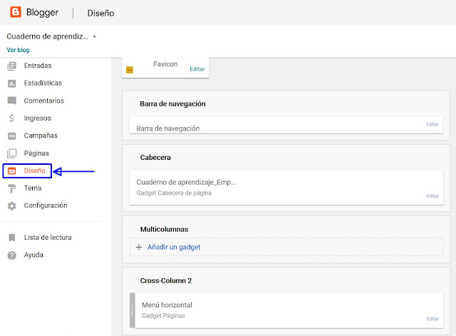Menú Diseño y Secciones plantilla Blogger
