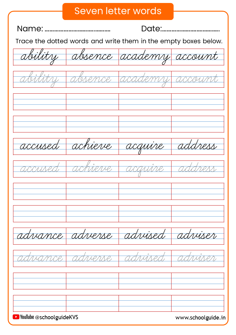 Seven Letter Words Cursive Writing Worksheets