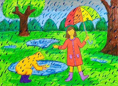 Completed Rainy Day Memory Drawing, with girl holding an umbrella, a boy in a yellow raincoat about to float a paper boat in a puddle. They are in a park, it is raining.