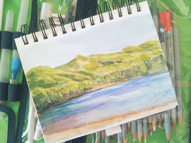 My watercolor sketch of the mountains and Lake McDonald July 2016.