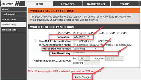 dlink dsl-2740u, WIFI settings, WIreless Security