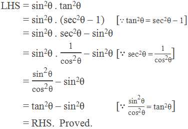 LHS = sin2θ . tan2θ          = sin2θ . (sec2θ – 1)	[∵ tan2θ = sec2θ – 1]          = sin2θ . sec2θ – sin2θ          = sin2θ . "1" /(〖"cos" 〗^"2"  "θ" ) – sin2θ   [∵ sec2θ = "1" /(〖"cos" 〗^"2"  "θ" )]          = (〖"sin" 〗^"2"  "θ" )/(〖"cos" 〗^"2"  "θ" ) – sin2θ          = tan2θ – sin2θ    [∵ (〖"sin" 〗^"2"  "θ" )/(〖"cos" 〗^"2"  "θ" ) = tan2θ]          = RHS.  Proved.