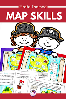 Teaching map skills to first graders is super fun, easy, and exciting with these pirate themed activities. From no-prep printables to a fun craftivity, your first grade students will be excited to learn all about maps and their functions. When it comes to learning map skills, adding in the excitement of a pirate treasure map is sure to keep your student's attention throughout the unit. The included worksheets and pirate map craftivity also make for great classroom or hallway display. It's a fun way for your students to show off their learning to everyone in the school before taking their activities home to share with their families. #mapskillsinfirstgrade #firstgrademapskills #teachingmapskillsinfirstgrade #noprepmapactivities