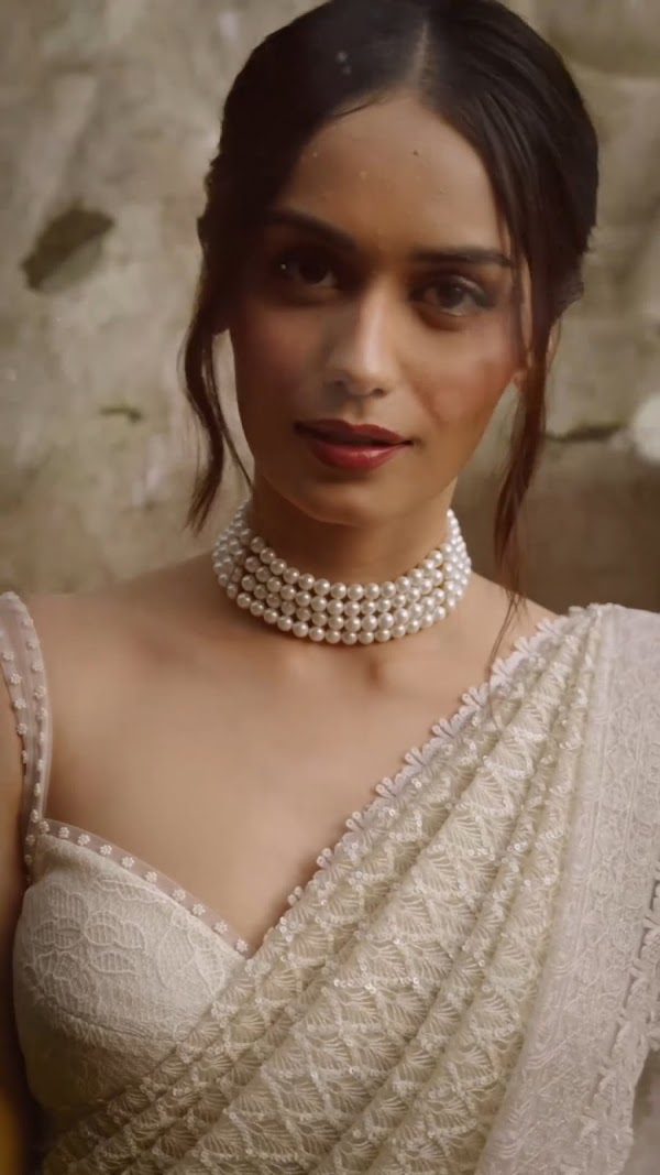manushi chhillar white saree pearl necklace