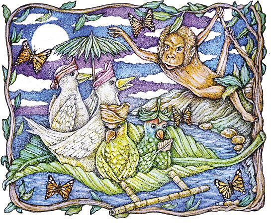 Yakan animal folktale about the conflict between the monkey on the one hand, and the birds and butterflies on the other