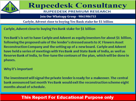 Carlyle, Advent close to buying Yes Bank stake for $1 billion - Rupeedesk Reports - 22.07.2022