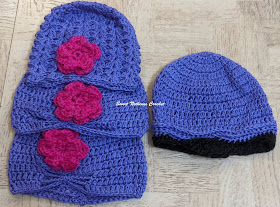Sweet Nothings Crochet free crochet pattern blog, free crochet pattern for a chemo cap, photo of four of the chemo caps made with similar colored yarn,