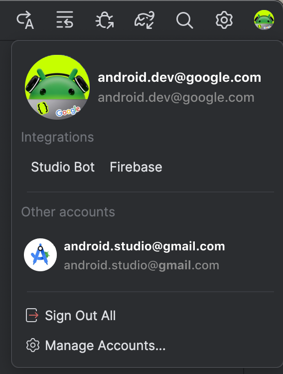 Change accounts in Android Studio