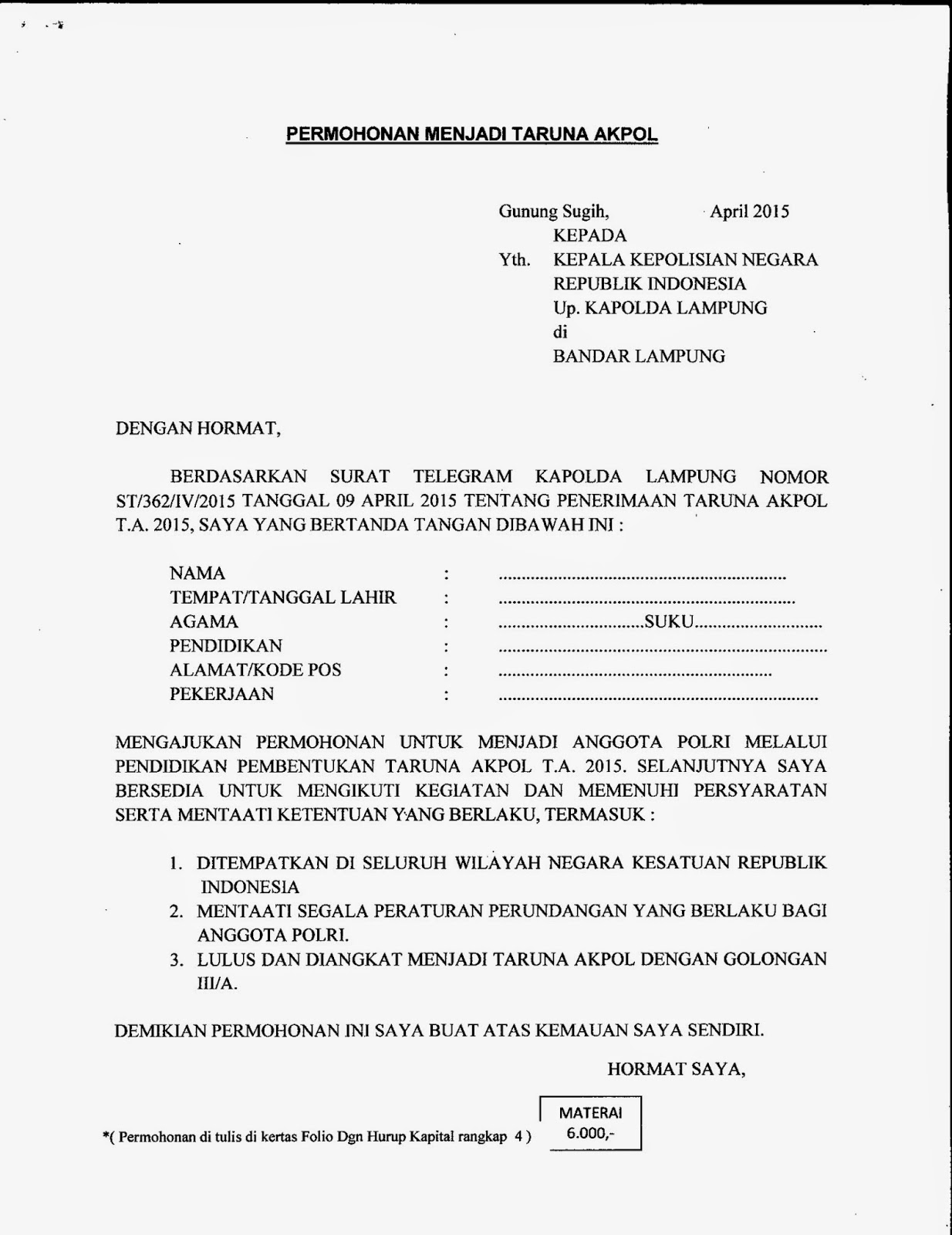 POLRES LAMPUNG TENGAH: CONTOH FORMAT SURAT PERMOHONAN 