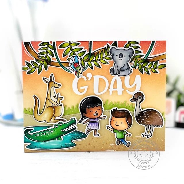 Sunny Studio Stamps: Outback Critters Slimline Dies Tropical Scenes Spring Showers Everyday Card by Kavya