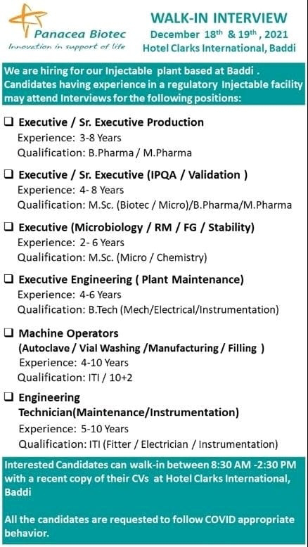panacea Biotec - multiple job vacancies in 2021.