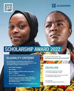 Apply Now: The Julius Berger Nigeria Scholarship Scheme 2022 for female engineering students is currently open.