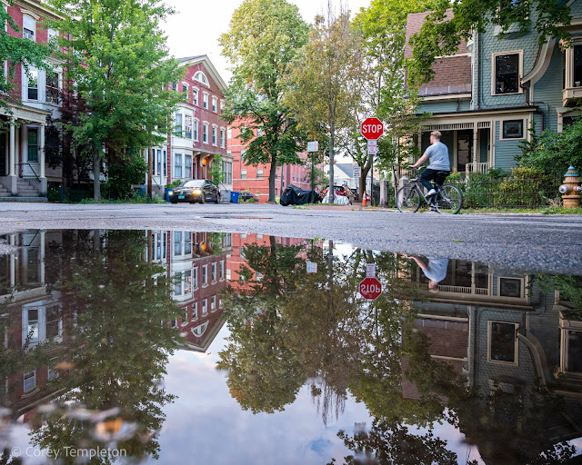 Portland Maine July 2022 Strong reflections at Emery & Pine after a recent rainy afternoon.
