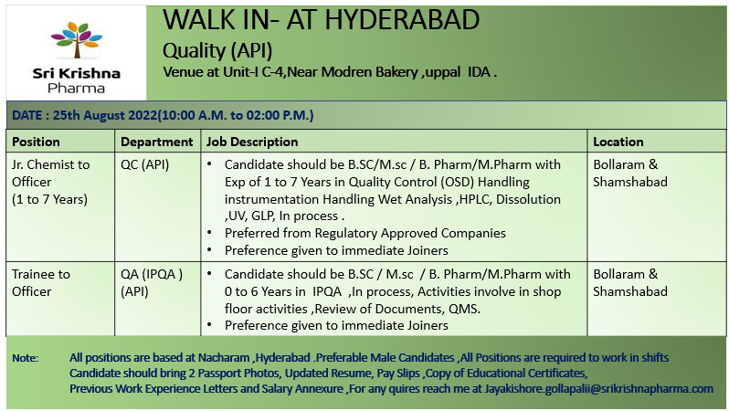 Job Available's for Sri Krishna Pharma Ltd Walk-In Interview for Fresher's & Experienced in BSc/ MSc/ B Pharm/ M Pharm