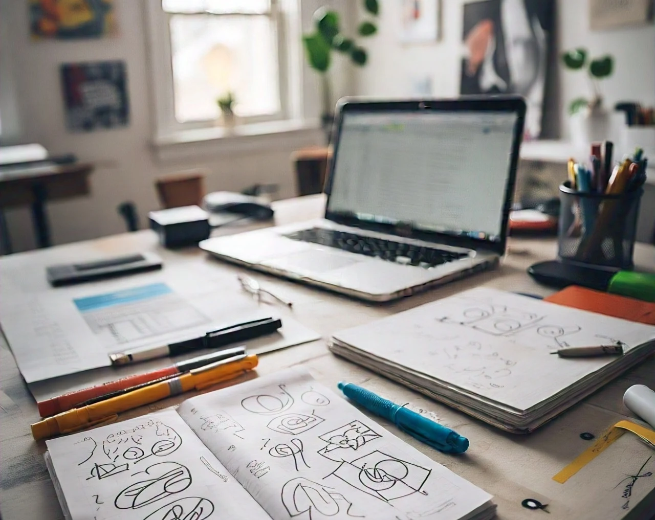 A creative workspace with a notepad and laptop, surrounded by brainstorming notes