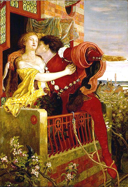 woman being kissed by man, both in elegant clothes, in a box-like balcony