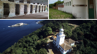 fotos del lazaretto donde se aprecian las distintas habitaciones para cuarentena, los muros exteriores del antiguo presidio y el faro de la isla con islas distantes de fondo.