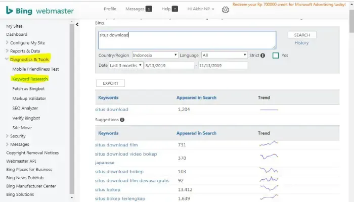 Bing keyword tool gratis untuk mencari volume pencarian