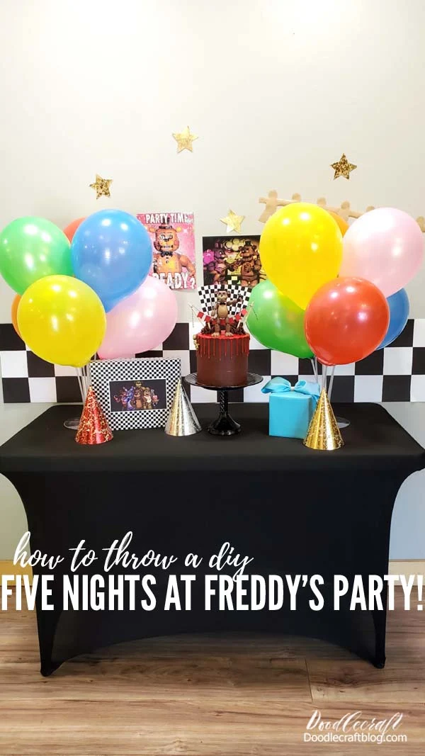 Play games, serve pizza and soda pop, eat cake, maybe ice cream too!   The only party favor for kids to take home is a party hat!   I love the nostalgia of my childhood being recreated into a horror video game and now movie!    Celebrate Five Nights at Freddy's video game and movie release with an awesomely nostalgic DIY party!