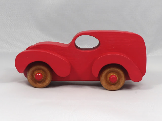 Handmade Wood Toy Truck Fat Fendered Freaky Ford Panel Wagon Hand Painted With Bright Red Acrylic Paint and Amber Shellac