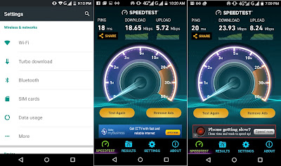 Connectivity, LTE Speedtest results, (L) Globe & (R) Smart