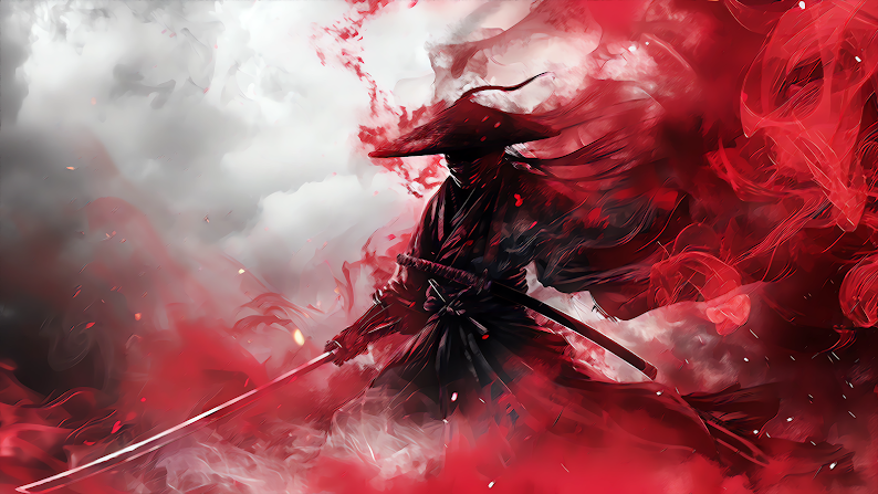 Mystical samurai warrior in flowing robes brandishing a sword amidst swirling red mist and clouds