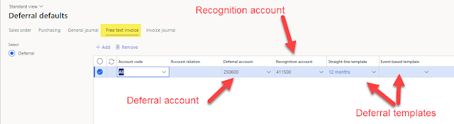 Set up for Free text invoice deferral defaults with deferral account, recognition account, and templates