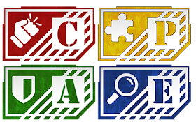 letters and symbols in primary colors: C with a fist in red, A with a shield in green, P with a puzzle piece in yellow, and E with a magnifying glass in blue.