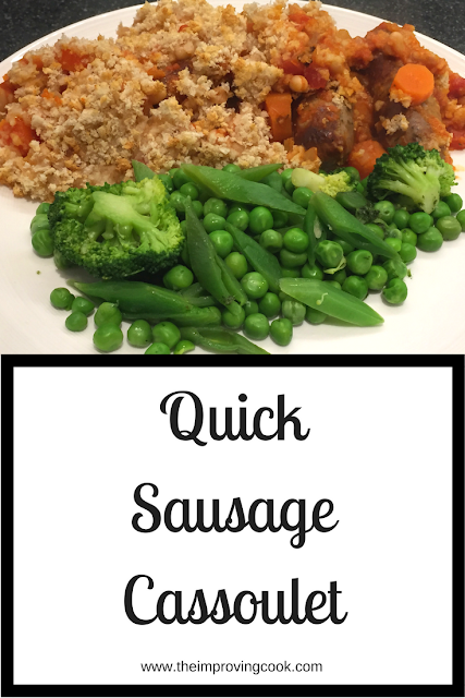 Sausage cassoulet on a plate with green veg and a text label