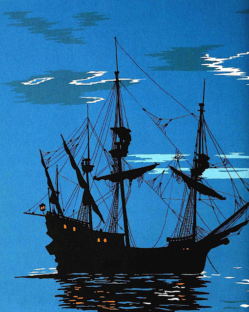 an  EA Verpilleux color illustration of a ship at night in silhouette, 1931