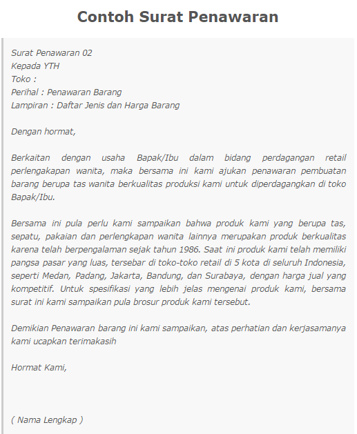 Contoh dan cara membuat surat penawaran barang serta harga 