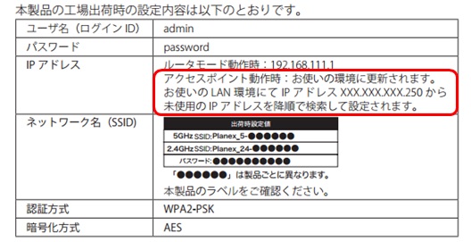 PLANEXルータが「ブリッジモード（アクセスポイントモード）」で動作している場合のIPアドレスを、取扱説明書から確認