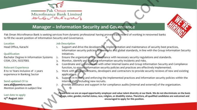 Pak Oman Microfinance Bank Limited Jobs Manager Information Security and Governance