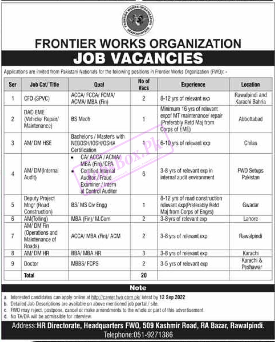 Frontier Business Organization - Latest FWO Jobs | govt jobs 2022