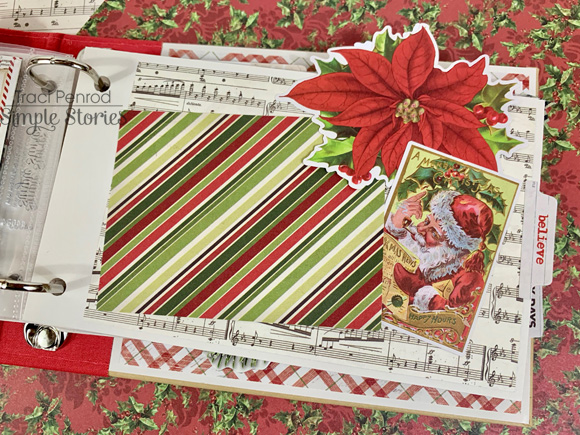 Simple Vintage Christmas Mini Album page with santa, poincettia flower, & stripes