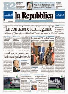 La Repubblica del 17 Febbraio 2012 | ISSN 0390-1076 | TRUE PDF | Quotidiano | Cronaca | Politica
La Repubblica è un quotidiano italiano, con sede a Roma, appartenente al Gruppo Editoriale L'Espresso.
È il secondo quotidiano d'Italia per diffusione, dopo il Corriere della Sera di Milano.
È primo nelle statistiche sul lettorato, con una quota stimata di 3 milioni e 523.000 lettori.