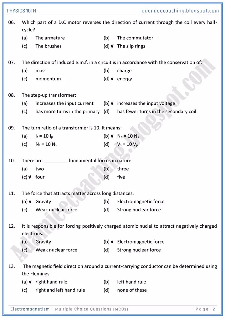 electromagnetism-mcqs-physics-10th