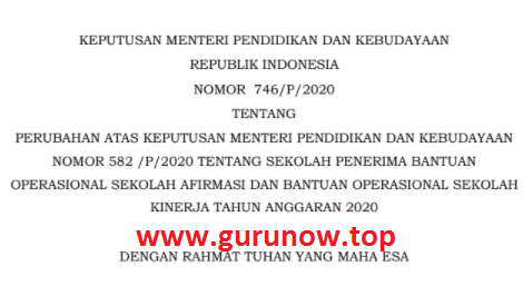 Kepmendikbud Nomor 746/P/2020 tentang Perubahan Sekolah Penerima BOS