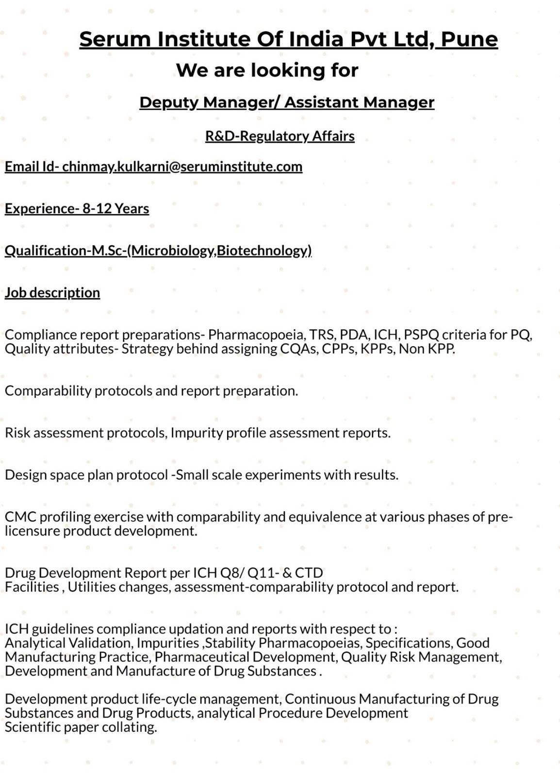 Serum Institute of India Pvt. Ltd - Urgent Openings in Regulatory Affairs - R&D - PHARMA WISDOM