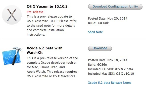 Mac OS X Yosemite 10.10.2 Beta (14C68k) and Xcode 6.2 Beta (6C86e)