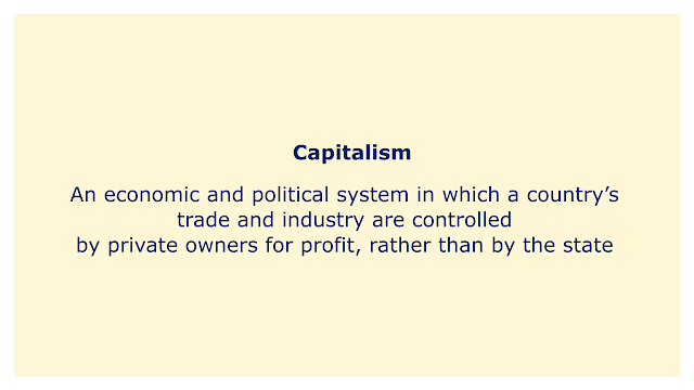 An economic and political system in which a country’s trade and industry are controlled by private owners for profit, rather than by the state.