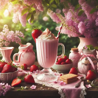 Auf dem Bild ist ein sommerlicher Garten mit einem Glas Erdbeer-Shake zu sehen. In den Vasen steht in rosa-weiß blühender Flieder. Überall liegen frische Erdbeeren verteilt auf dem Bild.