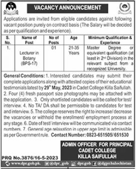 Lecturer Jobs In Cadet College Killa Saifullah