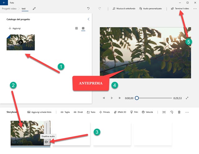 azzerare audio in video con foto di windows