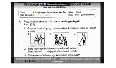 Soal Ulangan Kelas 1 Tema 6 - Lingkungan Bersih, Sehat, dan Asri