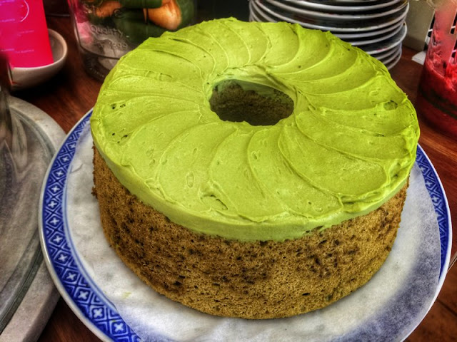 Creamy matcha icing on this light as air tea cake at Sinmei Tea.