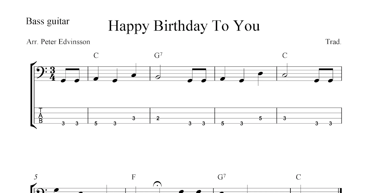 Free bass tablature sheet music, Happy Birthday To You