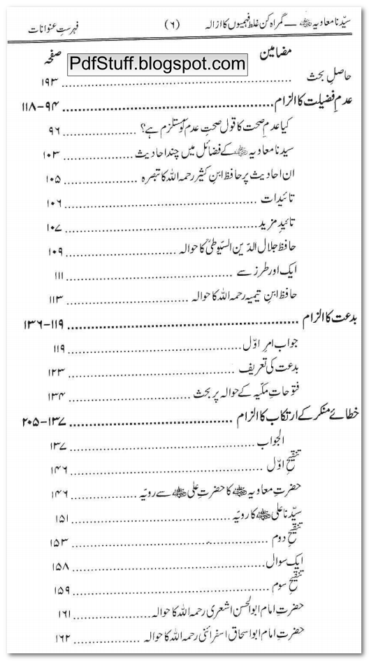 Contents of Urdu book Sayyidina Muawiah R.A by Zafar Iqbal