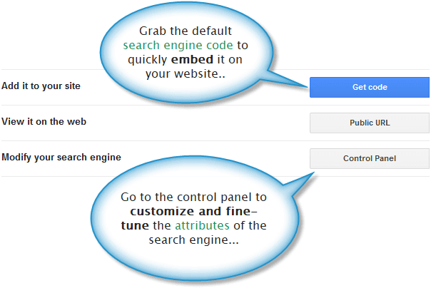 Code grabbing and control panel access options for the Google custom search engine.