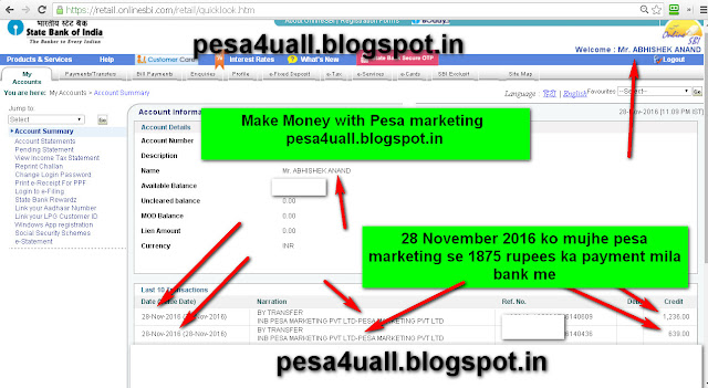 28 November 2016 ko mujhe pesa marketing se 1875 rupees ka weekliy payment mila hai-see screenshot